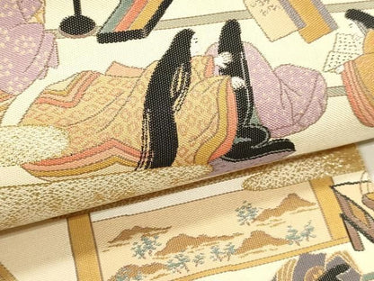 平和屋本店▼本場筑前博多織　松居織物謹製　六通柄袋帯　源氏物語絵巻　本金箔　証紙付き　正絹　逸品　DABL7811sf