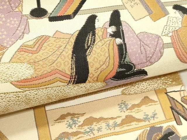 平和屋本店▼本場筑前博多織　松居織物謹製　六通柄袋帯　源氏物語絵巻　本金箔　証紙付き　正絹　逸品　DABL7811sf