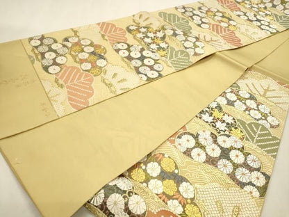 平和屋本店▼六通柄袋帯　緑茶染　松ふみ唐織　本金箔　正絹　逸品　DABL7806sf