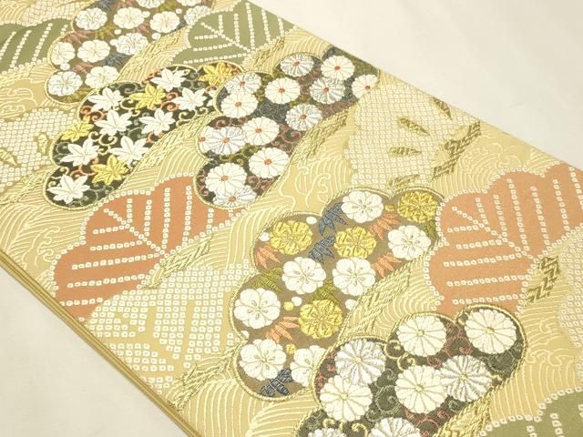 平和屋本店▼六通柄袋帯　緑茶染　松ふみ唐織　本金箔　正絹　逸品　DABL7806sf