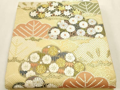 平和屋本店▼六通柄袋帯　緑茶染　松ふみ唐織　本金箔　正絹　逸品　DABL7806sf
