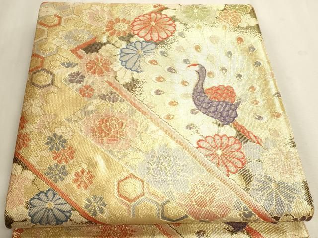 平和屋本店▼六通柄袋帯　花鳥佐賀錦　孔雀花文　24ｋ二重箔　正絹　逸品　DABL7841sf