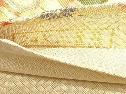 平和屋本店▼六通柄袋帯　花鳥佐賀錦　孔雀花文　24ｋ二重箔　正絹　逸品　DABL7841sf