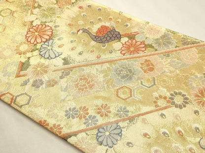 平和屋本店▼六通柄袋帯　花鳥佐賀錦　孔雀花文　24ｋ二重箔　正絹　逸品　DABL7841sf