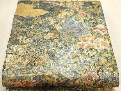 平和屋本店▼丸帯　光琳　抱一　花鳥画の四季　本金箔　短冊付き　正絹　逸品　DABL7892sf