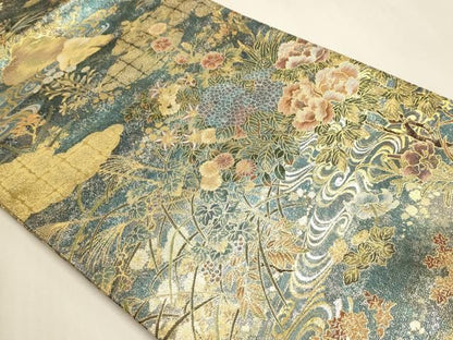 平和屋本店▼丸帯　光琳　抱一　花鳥画の四季　本金箔　短冊付き　正絹　逸品　DABL7892sf