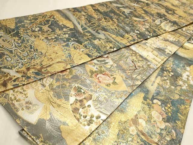 平和屋本店▼丸帯　光琳　抱一　花鳥画の四季　本金箔　短冊付き　正絹　逸品　DABL7892sf