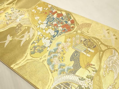 平和屋本店▼西陣　藤林織物謹製　六通柄袋帯　琳派趣景文　本金箔　証紙付き　正絹　逸品　DABL7883sf