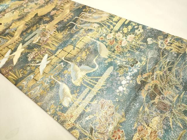 平和屋本店▼丸帯　光琳　抱一　花鳥画の四季　本金箔　短冊付き　正絹　逸品　DABL7892sf