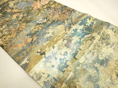平和屋本店▼丸帯　光琳　抱一　花鳥画の四季　本金箔　短冊付き　正絹　逸品　DABL7892sf