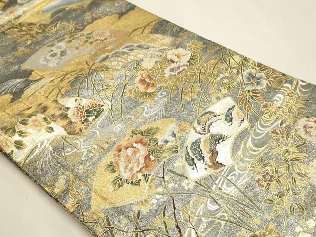 平和屋本店▼丸帯　光琳　抱一　花鳥画の四季　本金箔　短冊付き　正絹　逸品　DABL7892sf