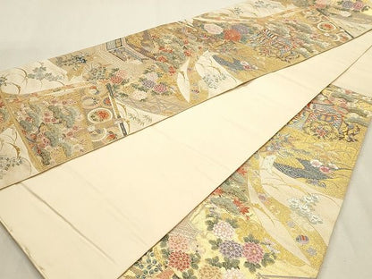 平和屋本店▼六通柄袋帯　唐織　御所車花文　本金箔　正絹　逸品　DABL7823sf