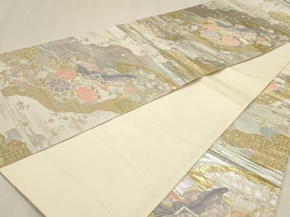 平和屋本店▼六通柄袋帯　人物風景文　純金二重箔　正絹　逸品　DABL7910sf