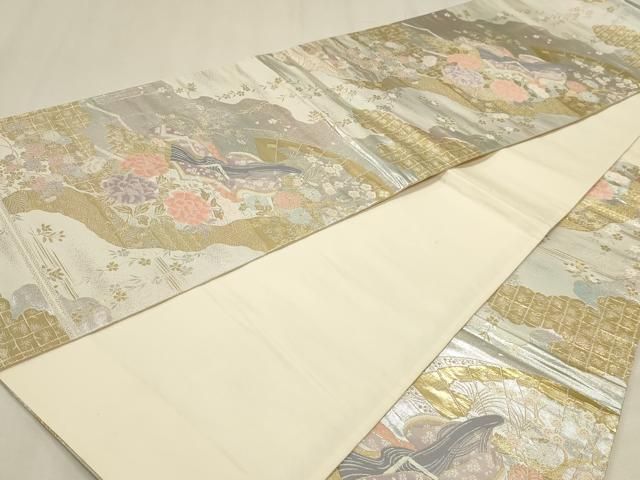 平和屋本店▼六通柄袋帯　人物風景文　純金二重箔　正絹　逸品　DABL7910sf