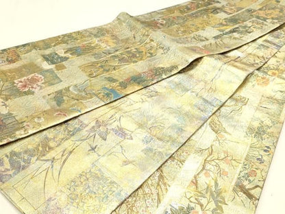 平和屋本店▼西陣あさぎ　両面　全通全景柄袋帯　近代花鳥画　日本美術名鑑　24金プラチナ二重箔　正絹　逸品　DABL7896sf