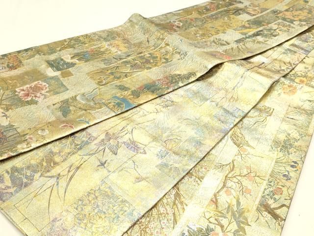 平和屋本店▼西陣あさぎ　両面　全通全景柄袋帯　近代花鳥画　日本美術名鑑　24金プラチナ二重箔　正絹　逸品　DABL7896sf