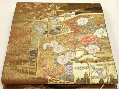 平和屋本店▼西陣　まいづる謹製　六通柄袋帯　浄瑠璃屏風絵巻　純金箔　正絹　逸品　DABL7909sf