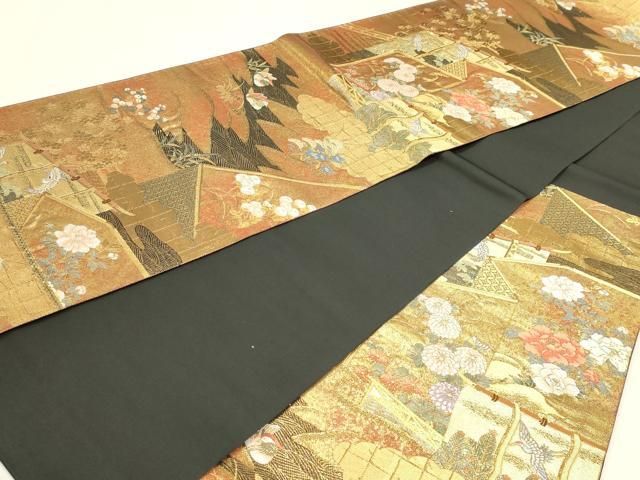 平和屋本店▼西陣　まいづる謹製　六通柄袋帯　浄瑠璃屏風絵巻　純金箔　正絹　逸品　DABL7909sf