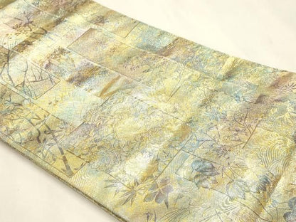 平和屋本店▼西陣あさぎ　両面　全通全景柄袋帯　近代花鳥画　日本美術名鑑　24金プラチナ二重箔　正絹　逸品　DABL7896sf