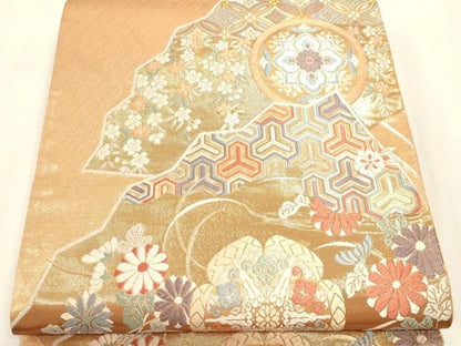 平和屋本店▼六通柄袋帯　唐織　能扇有職文様　純金箔使用　正絹　逸品　DABL7902sf