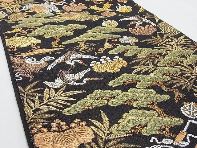 平和屋本店■極上 創業280年 誉田屋源兵衛 六通柄袋帯 本金箔 鶴亀 松竹梅 スリーシーズン 春夏秋 黒地 金銀糸 正絹 逸品 3kk2958 - 平和屋