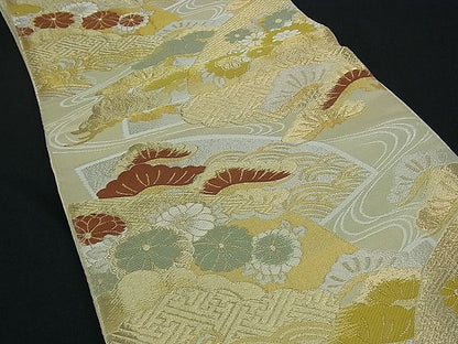 平和屋着物■六通柄袋帯 唐織 流水雲重ね地紙吉祥花文 金銀糸 逸品 ng2943