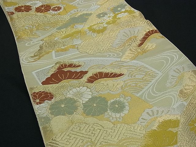 平和屋着物■六通柄袋帯 唐織 流水雲重ね地紙吉祥花文 金銀糸 逸品 ng2943