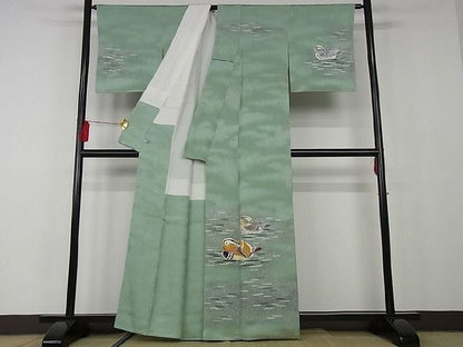 平和屋本店■極上 人間国宝・羽田登喜男 訪問着 鴛鴦 7羽 たたき染め 着丈160cm裄65cm 正絹 未使用2kk1316