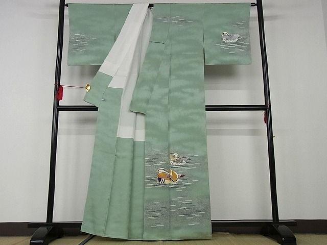 平和屋本店■極上 人間国宝・羽田登喜男 訪問着 鴛鴦 7羽 たたき染め 着丈160cm裄65cm 正絹 未使用2kk1316