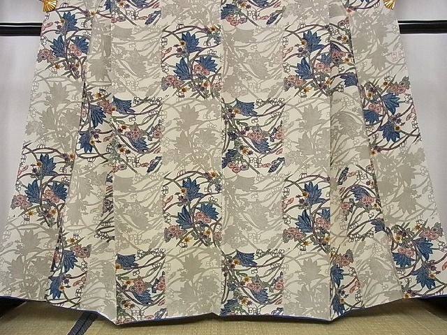 平和屋本店●極上 本場琉球紅型 平野晋二郎 小紋 市松花文 落款あり 着丈 160cm 裄 65.5cm 正絹 逸品 2kk1340