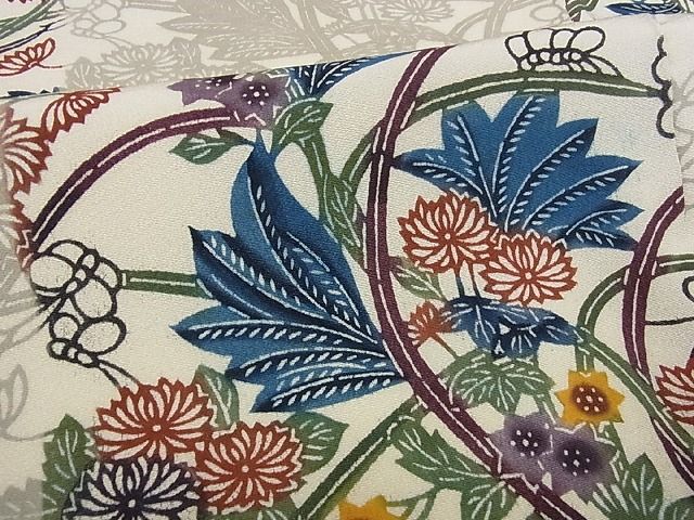 平和屋本店●極上 本場琉球紅型 平野晋二郎 小紋 市松花文 落款あり 着丈 160cm 裄 65.5cm 正絹 逸品 2kk1340