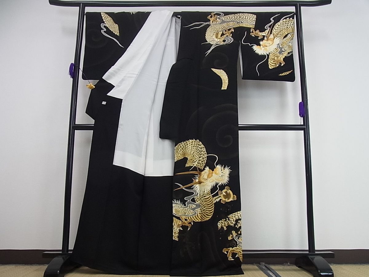 平和屋本店●極上　訪問着　総手刺繍　龍　黒地　金糸　逸品3s629