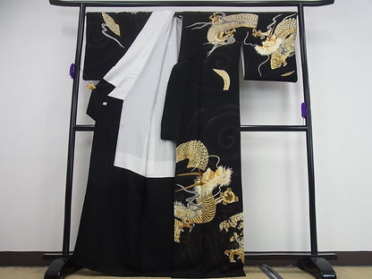 平和屋本店●極上　訪問着　総手刺繍　龍　黒地　金糸　逸品3s629