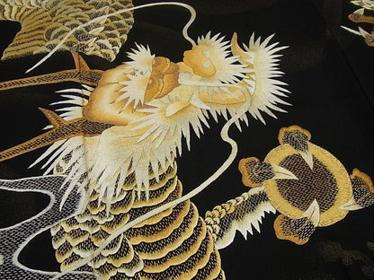平和屋本店●極上　訪問着　総手刺繍　龍　黒地　金糸　逸品3s629