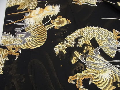 平和屋本店●極上　訪問着　総手刺繍　龍　黒地　金糸　逸品3s629