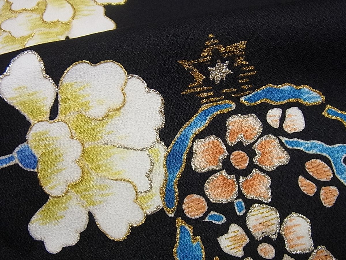 平和屋本店●極上 染刺工芸 大羊居 東京友禅 訪問着 花兎 黒地 金彩 逸品 未使用3s656