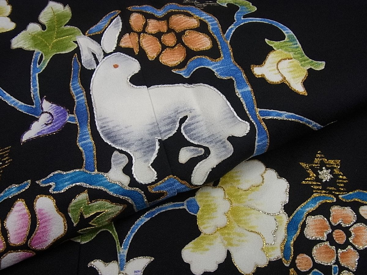 平和屋本店●極上 染刺工芸 大羊居 東京友禅 訪問着 花兎 黒地 金彩 逸品 未使用3s656