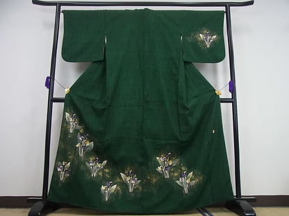 平和屋本店●極上 浦野理一 経節紬 訪問着 草花 深緑地 金彩 落款あり 逸品3s662