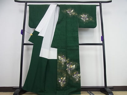 平和屋本店●極上 浦野理一 経節紬 訪問着 草花 深緑地 金彩 落款あり 逸品3s662