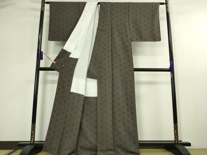 平和屋本店■極上　小紋・長羽織・ショール　3点セット　麻の葉文様　黒橡色地　反端付き　逸品　未使用　DZAA2533kh5 - 平和屋