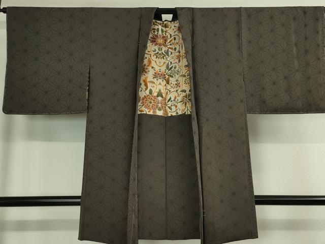 平和屋本店■極上　小紋・長羽織・ショール　3点セット　麻の葉文様　黒橡色地　反端付き　逸品　未使用　DZAA2533kh5 - 平和屋