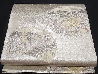 平和屋着物■六通柄袋帯 唐織 道長遠山樹林風景文 金銀糸 逸品 ng3096