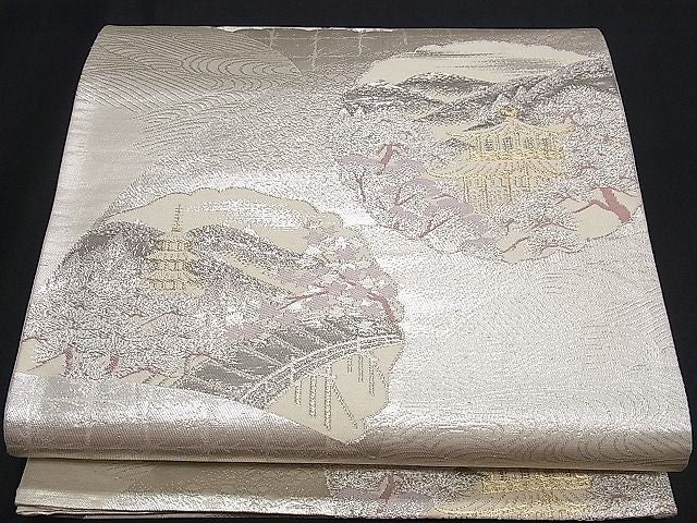 平和屋着物■六通柄袋帯 唐織 道長遠山樹林風景文 金銀糸 逸品 ng3096