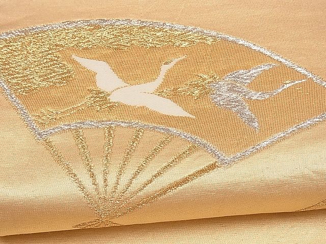 平和屋着物■六通柄袋帯 唐織 扇面飛鶴草花文 金銀糸 逸品 ng3189