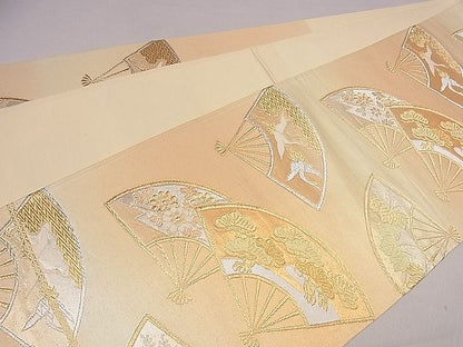 平和屋着物■六通柄袋帯 唐織 扇面飛鶴草花文 金銀糸 逸品 ng3189