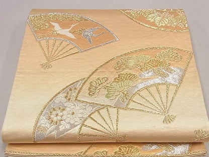 平和屋着物■六通柄袋帯 唐織 扇面飛鶴草花文 金銀糸 逸品 ng3189