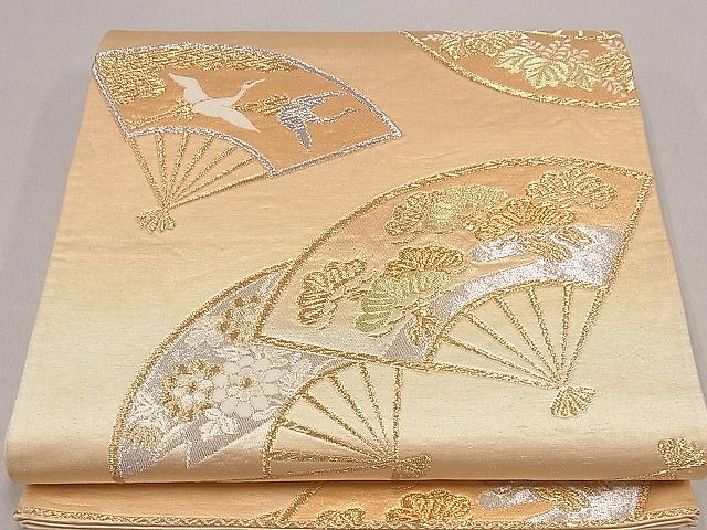 平和屋着物■六通柄袋帯 唐織 扇面飛鶴草花文 金銀糸 逸品 ng3189
