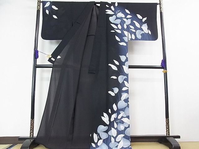 平和屋本店■極上　夏物　撫松庵　セオアルファ　訪問着　紗　水芭蕉　蜻蛉　トンボ　黒地　暈し染め　洗える着物　3kh1756 - 平和屋
