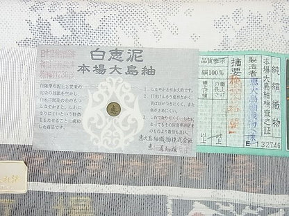 平和屋本店■極上 白泥染の第一人者・絣の魔術師 恵積五郎 本場大島紬 白恵泥 恵大島織物謹製 草葉シルエット 未使用 3kh1890 - 平和屋