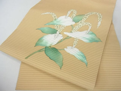 平和屋本店■極上　夏物　絽塩瀬　九寸名古屋帯　手描き　半夏生　金彩　逸品　3kh841 - 平和屋